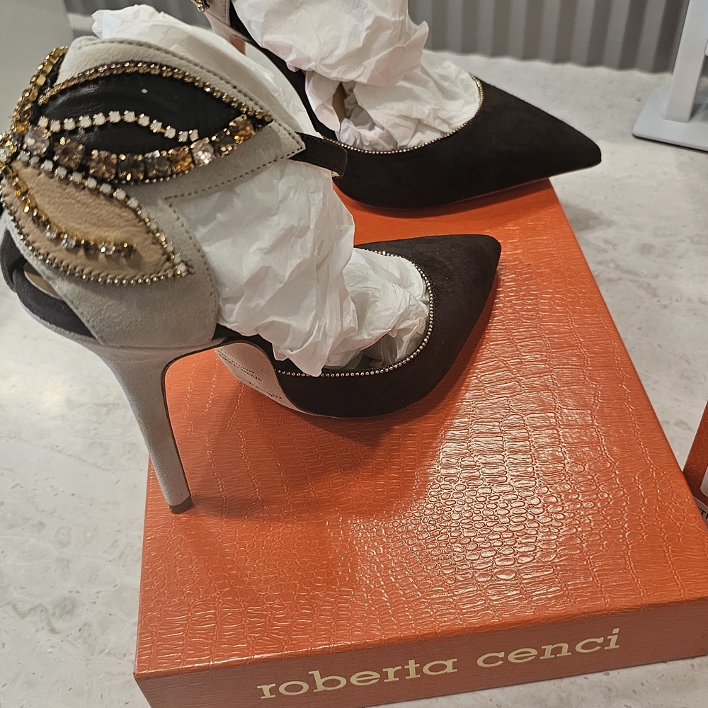 Roberto Cavalli Women’s Brown and Cream Embellished Suede Heels - Picture 4 of 16